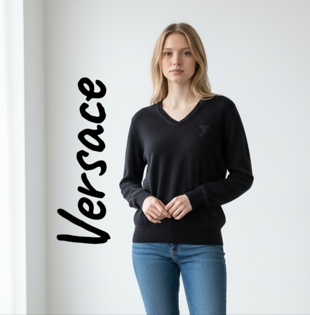 Versace Women's Size XL Elegant Chocolate Brown Color Wool V-Neck Sweater